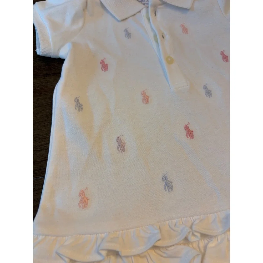 Ralph Lauren Polo Dress Baby Girls 3M White Embroidered Pony Ruffle Hem